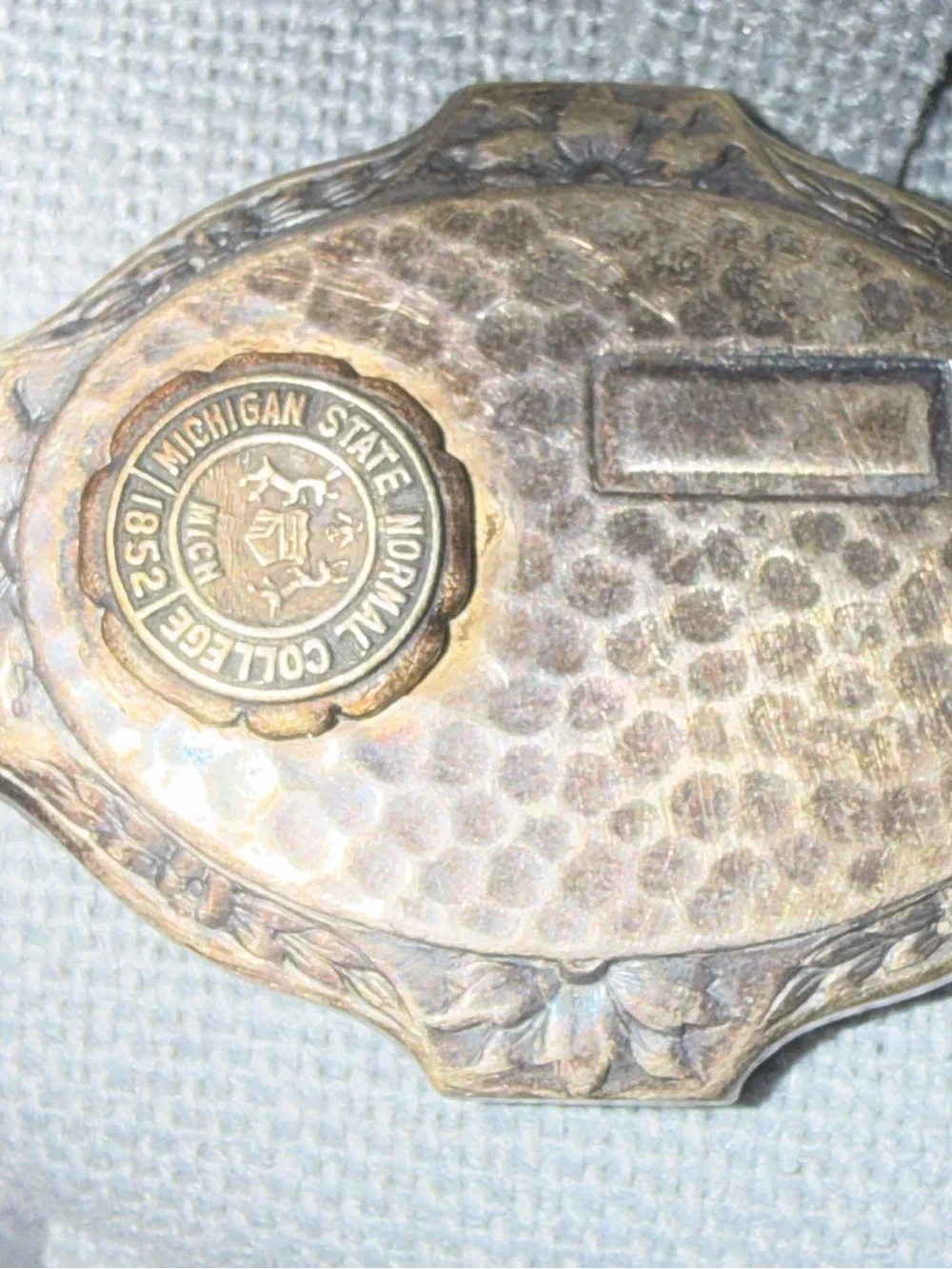 bottle miniature- Michigan State Normal College Emblem vintage silver tone